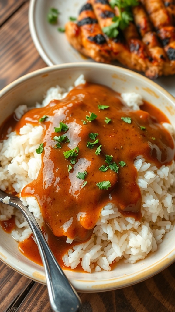 Fluffy rice topped with savory brown gravy, garnished with parsley on a rustic table.